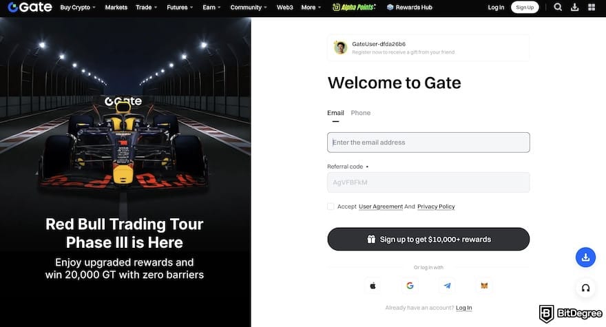 How to buy Supra crypto: the Gate's sign-up form via BitDegree's referral link.