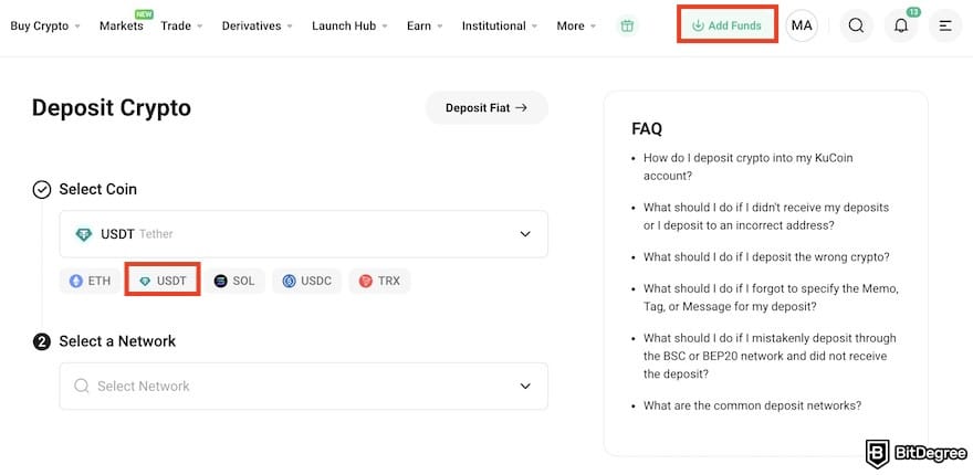 How to buy Supra crypto: depositing USDT on KuCoin.