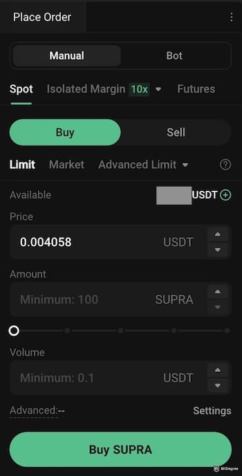 How to buy Supra crypto: KuCoin's order panel.