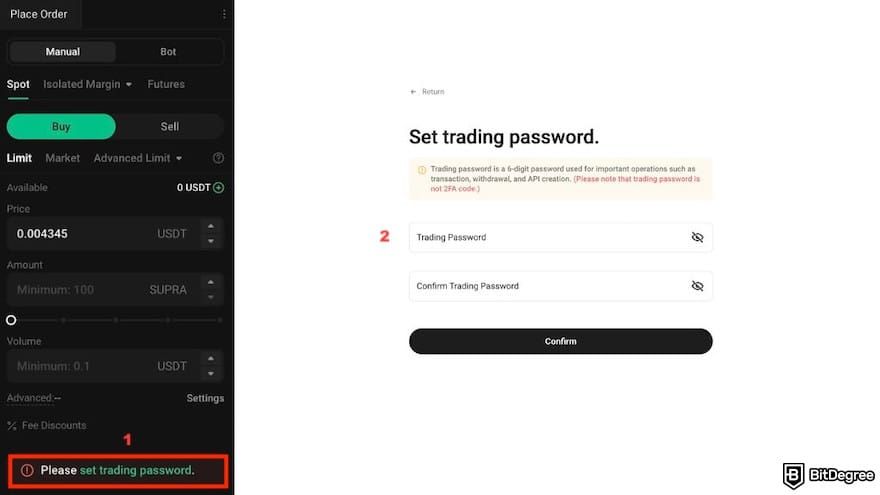 How to buy Supra crypto: the [set trading password] link on the order panel on the left side and a trading password page on the right side.