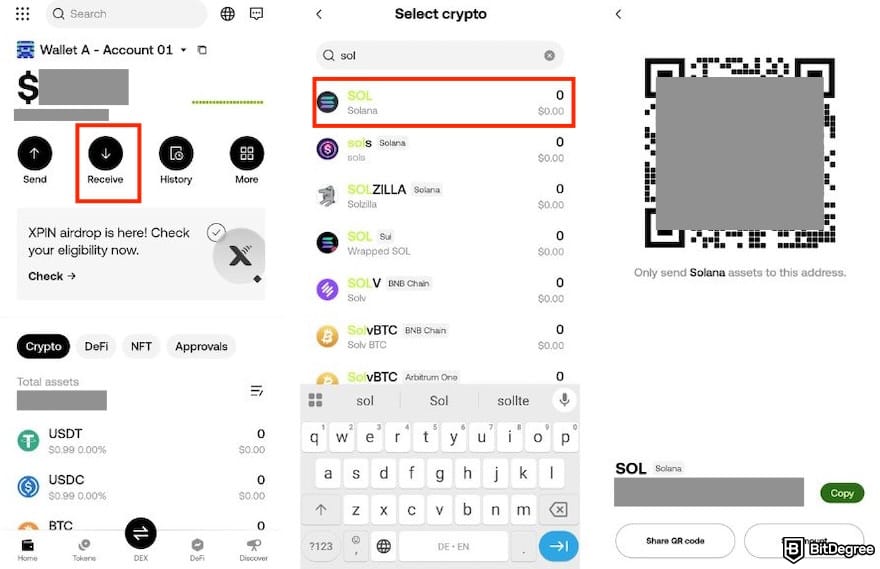 How to buy Supra crypto: depositing SOL on the OKX Web3 Wallet app.