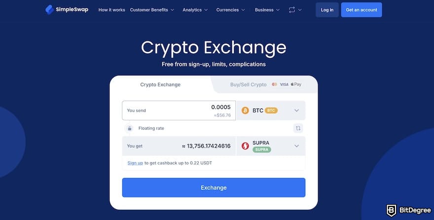 How to buy Supra crypto: the exchange form, showing BTC/SUPRA trading pair.
