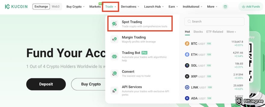 How to buy Supra crypto: the [Spot Trading] menu on KuCoin highlighted.