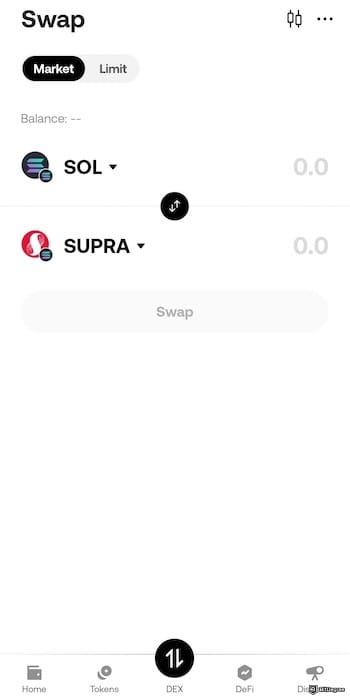 How to buy Supra crypto: the Swap page on the OKX Web3 Wallet app.