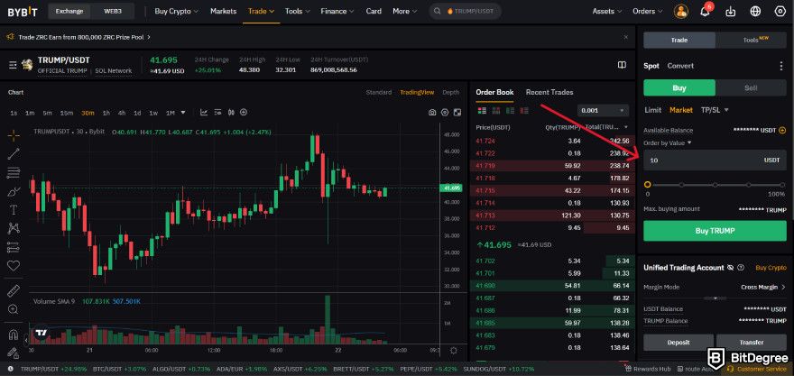 How to buy Trump crypto coin: market order on Bybit.