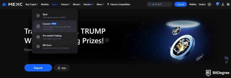 How to buy the Trump crypto coin: the "Convert" menu under "Spot".