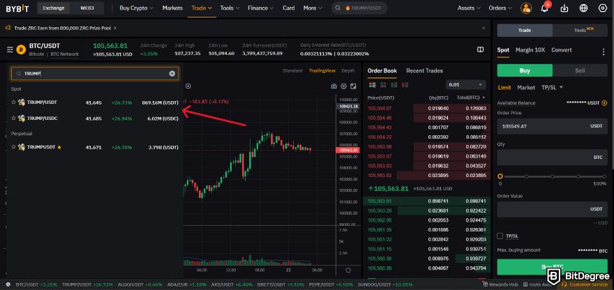 How to buy Trump crypto coin: TRUMP spot pairs on Bybit.