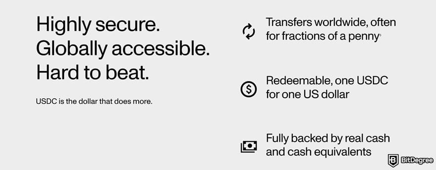 How to buy USDC: a list of benefits of holding USDC, displayed on the USDC website.