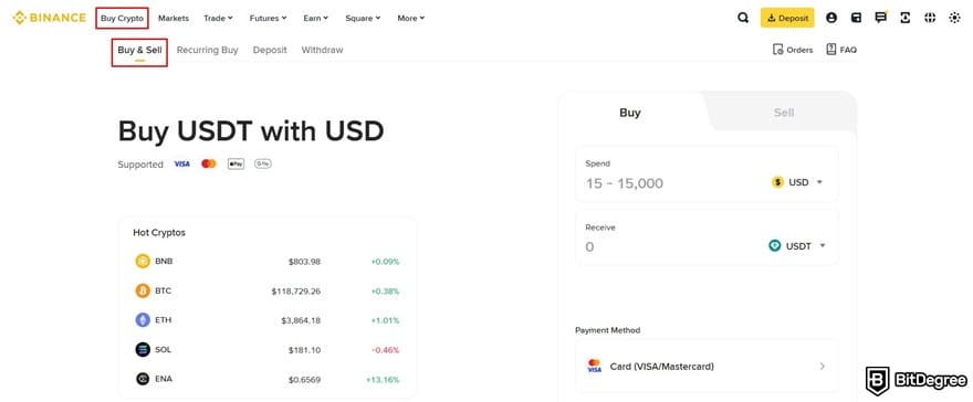 How to buy USDC: the [Buy & Sell] page on Binance's website.