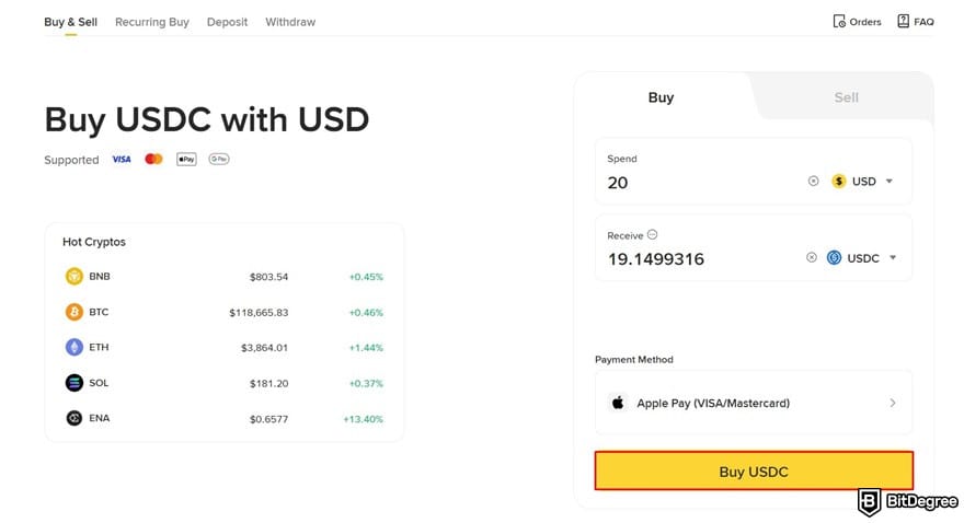 How to buy USDC: the [Buy USDC] button outlined on Binance's website.