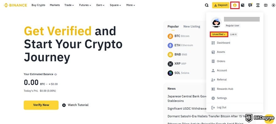 How to buy USDC: the profile icon and the [Unverified] button outlined on the Binance website.