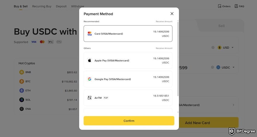 How to buy USDC: the available payment methods on Binance.