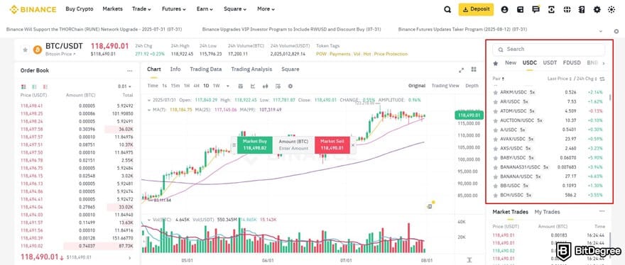 How to buy USDC: Binance's spot trading interface, with a list of trading pairs outlilned.