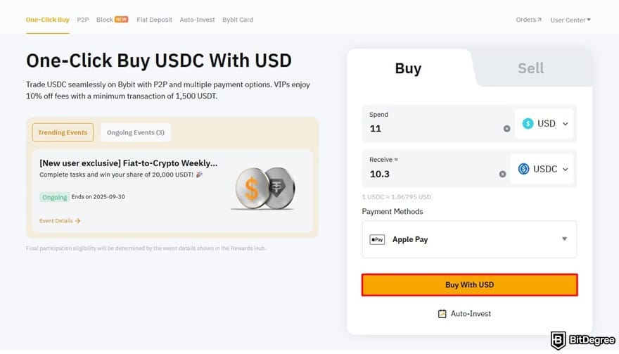 How to buy USDC: the [Buy With USD] button highlighted on Bybit's One-Click Buy.
