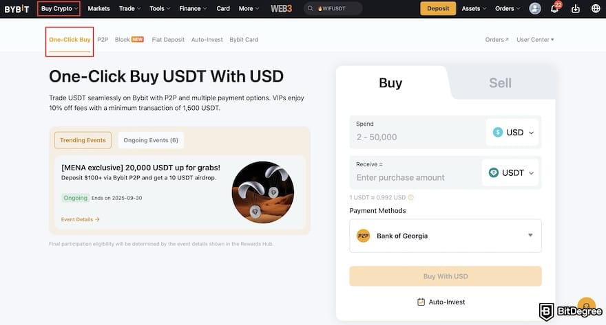How to buy USDC: the One-Click Buy page on Bybit's website.