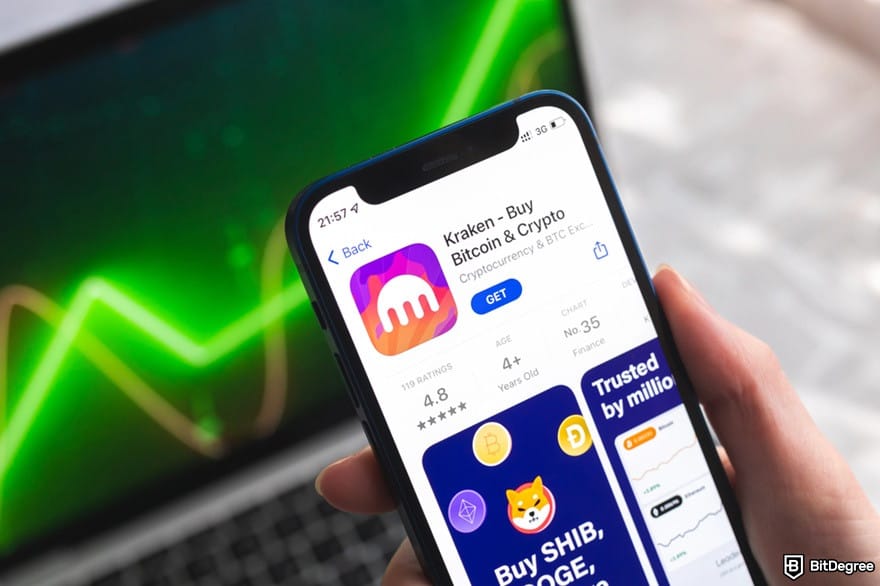 How to buy USDC: the Kraken mobile app on App Store displayed on an iPhone.