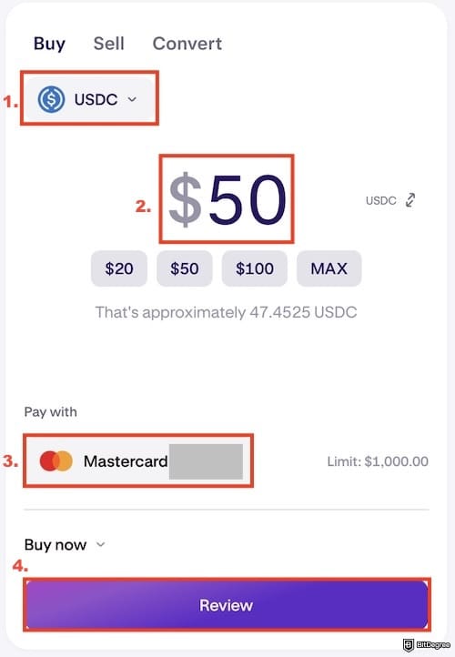 How to buy USDC: choosing [USDC] and entering the buying amount on Kraken.