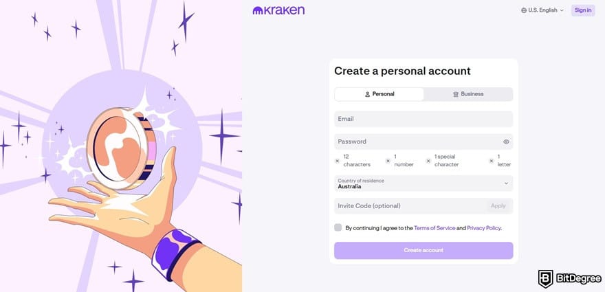 How to buy USDC: Kraken's sign-up form on the website.