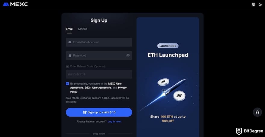 How to buy USDC: MEXC's sign-up form via BitDegree's referral link.