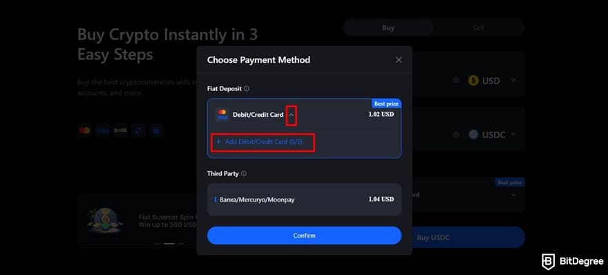 How to buy USDC: adding debit/credit card details on MEXC.