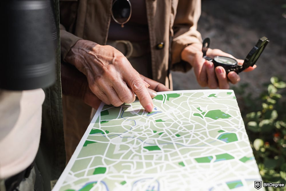 How to buy USDT with PayPal: a person's hand points to a location on a map while another person holds a compass.