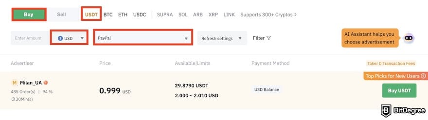 How to buy USDT with PayPal: P2P filters on Bybit whose result shows buying USDT with PayPal using USD.