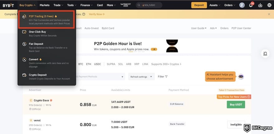 How to buy USDT with PayPal: the [P2P Trading] menu outlined on Bybit's website.