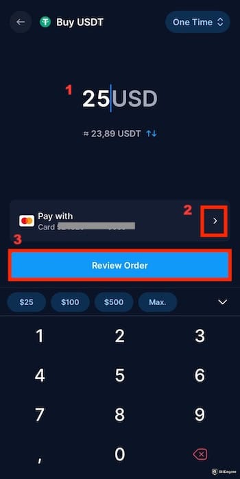 How to buy USDT with PayPal: entering the amount of crypto to buy on the Crypto.com app.