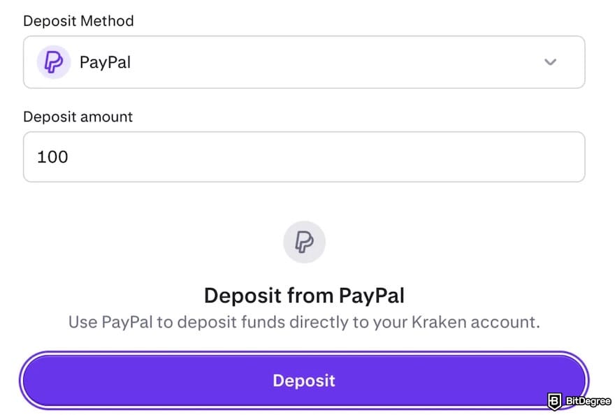 How to buy USDT with PayPal: entering a PayPal deposit amount on Kraken.