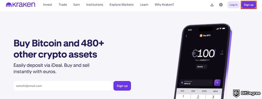 How to buy USDT with PayPal: Kraken's homepage with the sign-up button outlined.