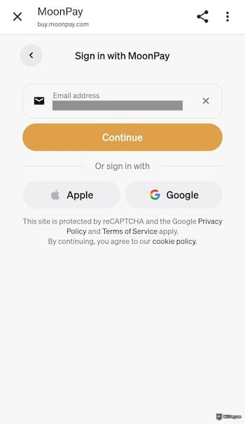 How to buy USDT with PayPal: MoonPay's sign-in form.
