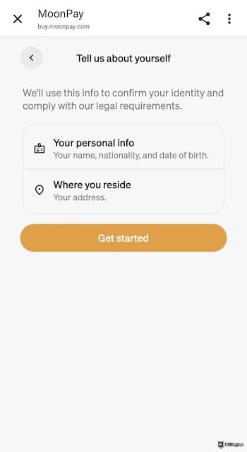 How to buy USDT with PayPal: MoonPay's verification page, requiring personal and address details.