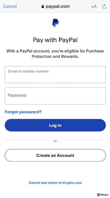 How to buy USDT with PayPal: PayPal's sign-in form from the Crypto.com app.