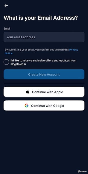How to buy USDT with PayPal: the sign-up form on the Crypto.com app.