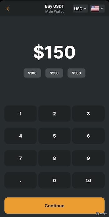 How to buy USDT with PayPal: entering the USDT amount on Zengo's app.