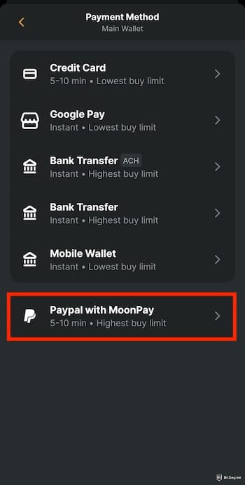 How to buy USDT with PayPal: the [PayPal with MoonPay] menu outlined on Zengo's mobile app.