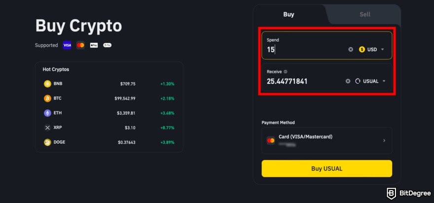 How to buy USUAL crypto: Binance's Buy Crypto page with the Spend and Receive boxes highlighted.