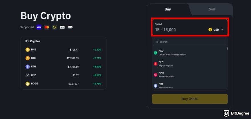 How to buy USUAL crypto: Binance's Buy Crypto page with the Spend box highlighted.