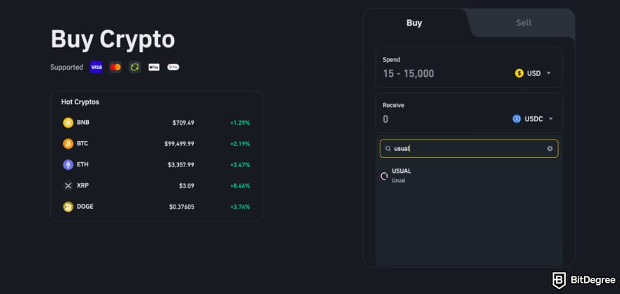 How to buy USUAL crypto: Binance's Buy Crypto page with the search result for USUAL on the Receive box.