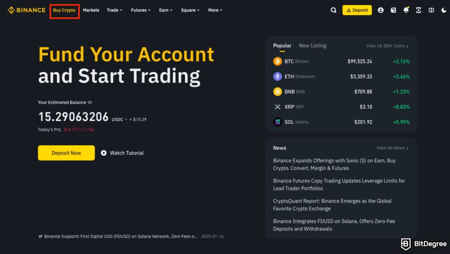 How to buy USUAL crypto: Binance homepage with the Buy Crypto button highlighted.