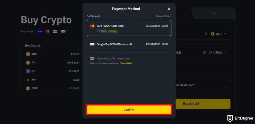 How to buy USUAL crypto: Binance's Buy Crypto page with the Payment Method window open.