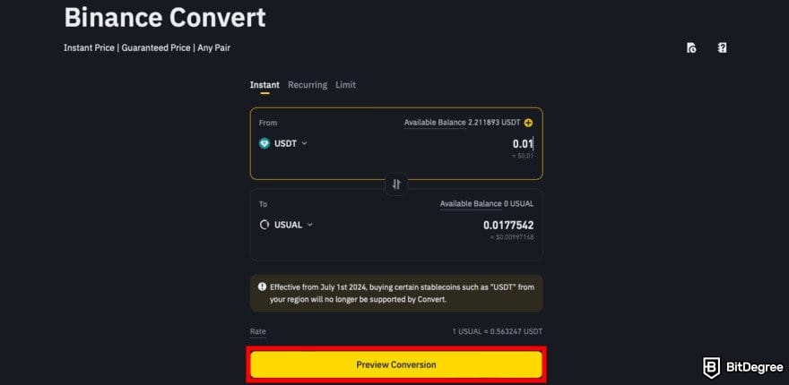 How to buy USUAL crypto: Binance Convert page with the Preview Conversion button highlighted.