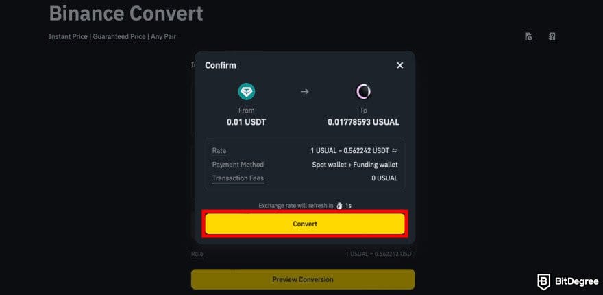 How to buy USUAL crypto: the popup window to confirm transaction on Binance Convert.