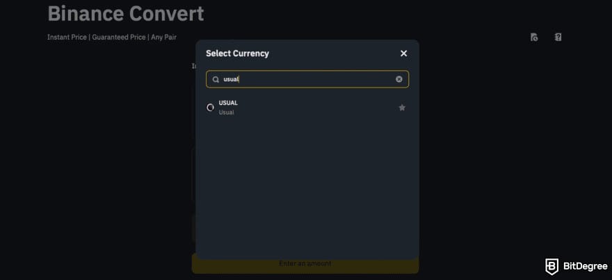 How to buy USUAL crypto: the popup window showing the search result for USUAL on Binance Convert.