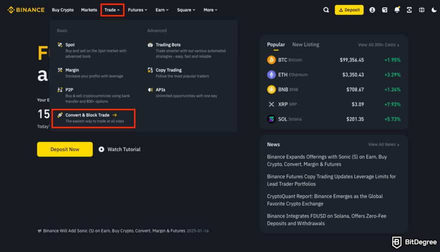 How to buy USUAL crypto: Binance homepage with the Trade and Convert menus highlighted.