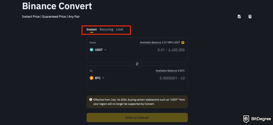 How to buy USUAL crypto: the Binance Convert page with the conversion methods highlighted.