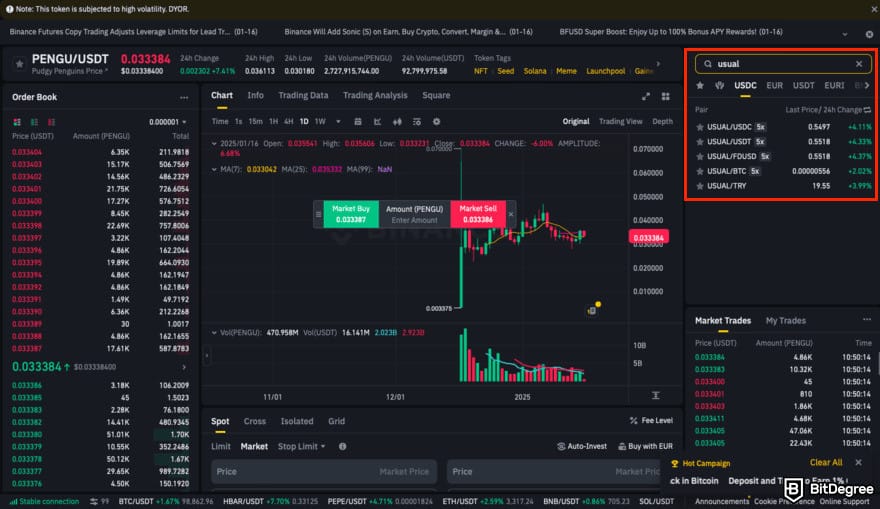 How to buy USUAL crypto: Binance spot trading interface with the search result of USUAL highlighted.