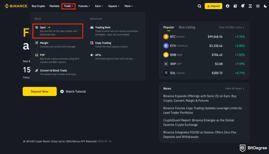 How to buy USUAL crypto: Binance homepage with the Trade and Spot menu highlighted.
