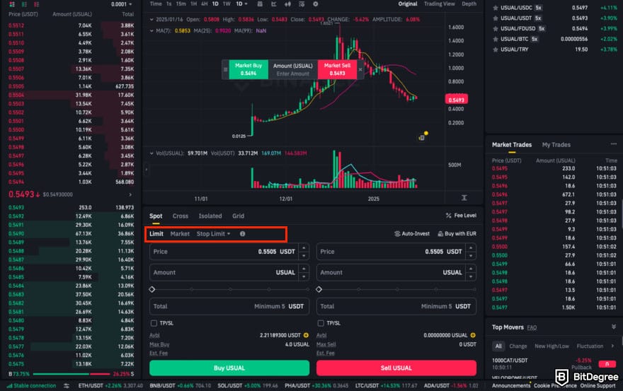 How to buy USUAL crypto: Binance spot trading interface with the order type options highlighted.