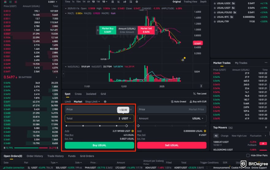 How to buy USUAL crypto: Binance spot trading interface with the order form highlighted.